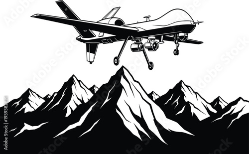 Drone flying over black and white mountain range airplane aircraft unmanned aerial vehicle mountains