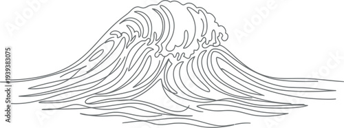 Stylized black and white sketch of a large crashing ocean wave