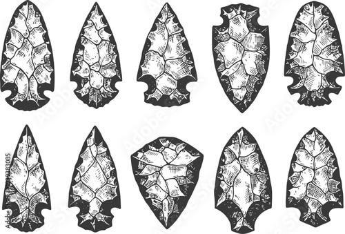 Collection of hand drawn stone arrowheads and projectile points vintage style