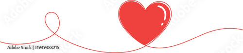 Simple red heart shape connected by a thin winding line on white background