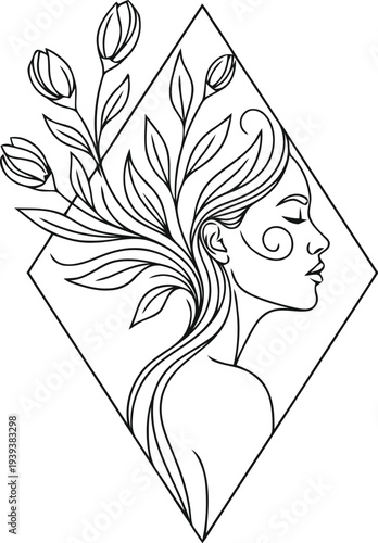 Elegant line art drawing of a woman s profile emerging from a diamond shape