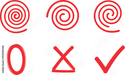 Three red spirals and three red symbols including zero cross and checkmark