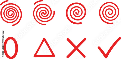 Collection of red geometric shapes and symbols arranged in two rows on white background