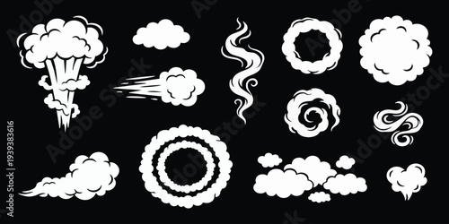 Comic white smoke puff and dust explosion cloud elements set on dark background vector illustration