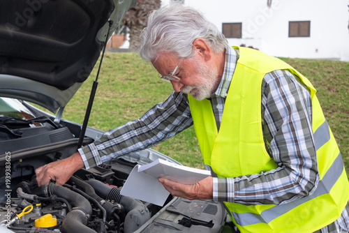 Canvas Print Senior driver man in yellow vest stopped in the street for a car breakdown, the