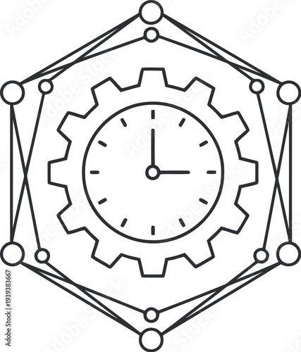 Abstract hexagonal frame with a clock and gear inside representing time and mechanics