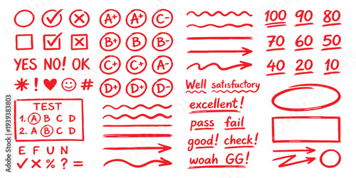Red marker hand drawn teacher grading marks checkmarks grades and test score elements vector illustration