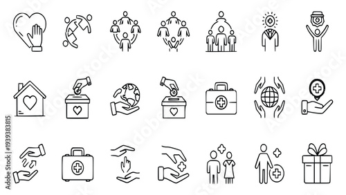 Collection of charity and donation icons representing kindness and giving to various causes and people in need worldwide with simple black line illustrations.