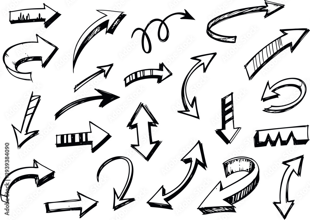 Fototapeta premium Collection of hand drawn arrows in various styles and directions on white background