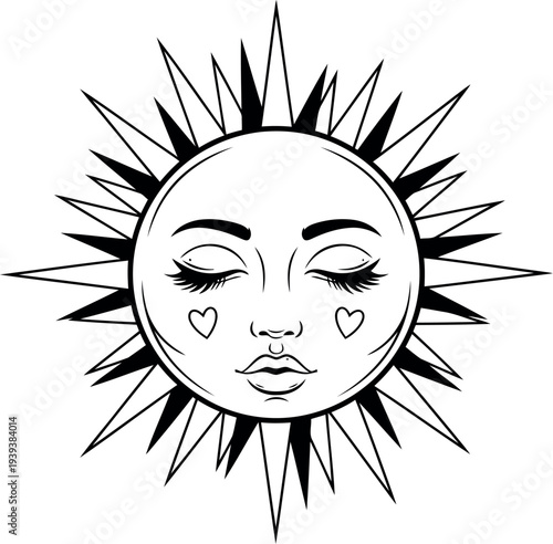 Mystical sun face with closed eyes and rays in a hand drawn style