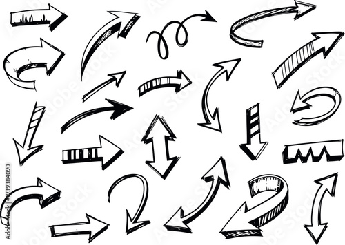 Collection of hand drawn arrows in various styles and directions on white background