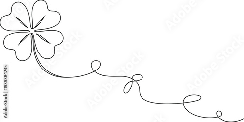 Sparkling four leaf clover with a delicate swirling ribbon on a white background