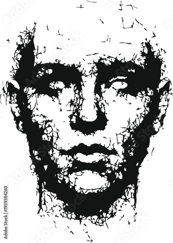 Close up of a pale face with closed eyes rendered in a stippling technique