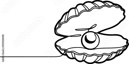 Elegant single line drawing of an open oyster shell revealing a perfect pearl
