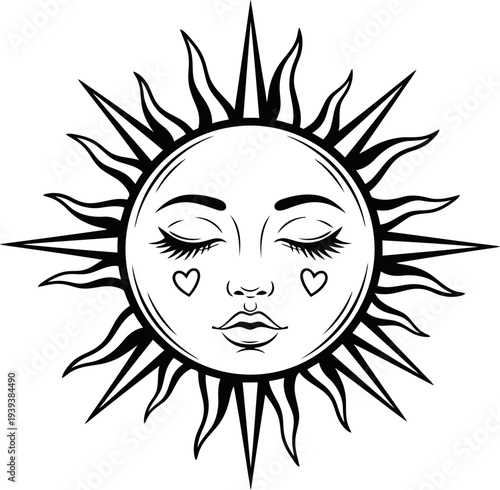 Whimsical hand drawn sun with closed eyes and heart shaped cheeks