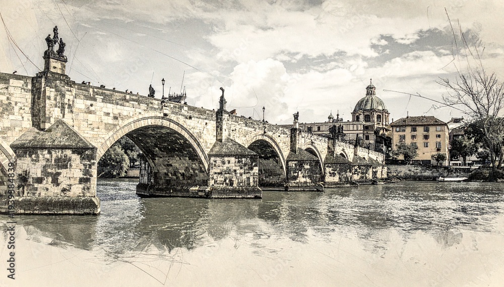 Obraz premium Vintage View of Ponte SantAngelo and the Tiber River, Rome.