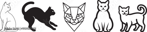 Four cats different poses thin line art vector illustration, minimalist pet design, scalable animal graphics