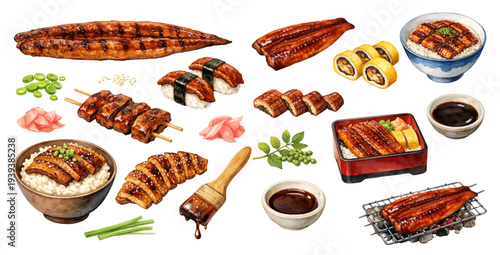 A charming watercolor collection of unagi kabayaki grilled eel with sushi, rice bowls, and sauce for Japanese food illustrations and Asian cuisine design.