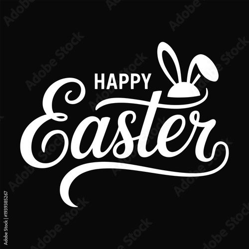 Easter holiday greeting card with white bunny and Happy Easter text on black background