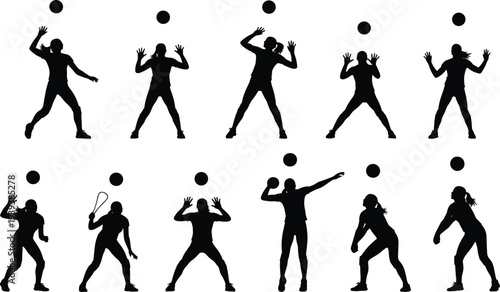 Sports silhouettes, ball actions, athletic poses, catching, reaching, tennis movement, volleyball stance, dynamic exercise, fitness activity, competitive game, outdoor recreation design