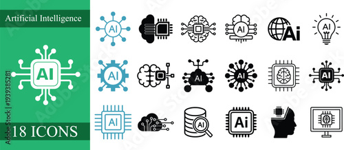 Artificial Intelligence Vector Icon Set – 18 Modern AI, Machine Learning, Neural Network, Robotics, and Data Technology Symbols for Digital Design