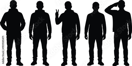 Standing human silhouettes with varied gestures and casual clothing, vector illustration, posture design graphics, body language poses for creative use