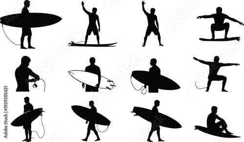 Surfer silhouettes, surfing poses, surfboard actions, beach lifestyle, ocean sport, water recreation, coastal adventure, tropical seaside culture, summer freedom
