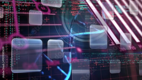 Animation of squares, graphs, dna, evidence and data processing on black background