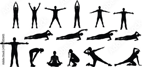Stretching silhouettes, fitness poses, yoga exercises, workout movements, body flexibility, athletic training, wellness routine, health activity, physical exercise, lifestyle design