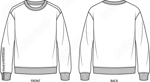 Sweatshirt technical flat sketch illustration vector garment construction fashion design graphics, crew neckline relaxed fit creative art collection