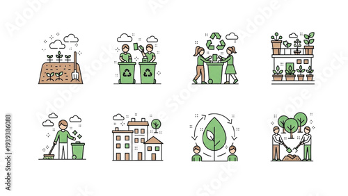 Eco-friendly practices and recycling efforts promoting sustainability through gardening and waste management in a simple and minimalist style