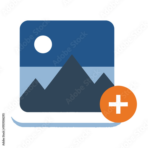 Growing mountain scene with add button icon in modern flat design style