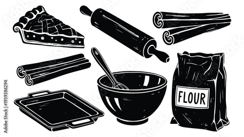 Baking ingredients and tools arranged together for making a delicious apple pie with a bag of flour and cinnamon sticks.