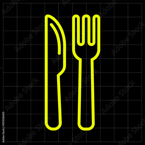 Neon Yellow Fork and Knife Cutlery Icon for Fine Dining Services. A classic cutlery icon set in neon style, perfect for restaurant location pins, food delivery apps, or catering service logos