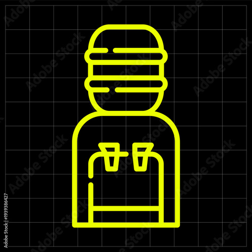 Modern Neon Yellow Water Dispenser Icon for Office and Home Appliance. neon line art icon of a water dispenser, ideal for office supply catalogs, health websites, or home appliance interfaces