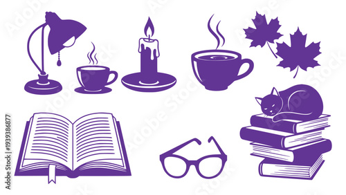 Blue and white illustrations featuring desk lamp, coffee cups, candle, leaves, book, glasses, and cat on books symbolizing a cozy reading atmosphere and relaxation.