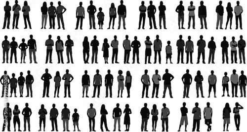 Vector illustration of stylized human silhouettes in group poses symbolizing identity, communication, culture, tradition, and education