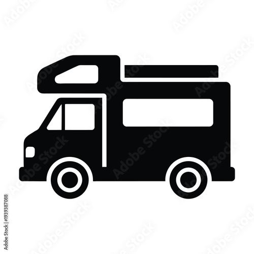 Silhouette of a food truck with rooftop equipment in minimalist black and white style