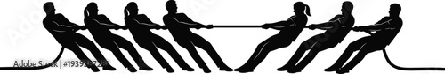 Black silhouette illustration of eight people competing in tug-of-war, pulling rope in opposite directions, symbolizing teamwork, strength, competition, unity, and creative artwork design projects