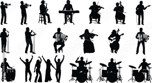 Vector illustration of stylized musicians and dancers with instruments symbolizing music, performance, culture, diversity, and education