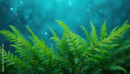 Vibrant Green Ferns Against a Soft Blue Background with Delicate Droplets of Moisture in Nature
