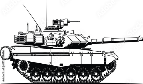 Black and white of a military tank with long barrel and treads military vehicle line treads wheels