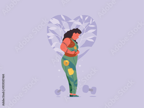 Plus Size woman with floral leggings and dumbbells, embracing fitness and self love