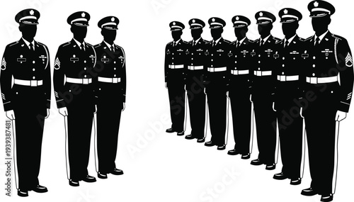 Black and white of military personnel standing at attention in two rows soldiers uniform