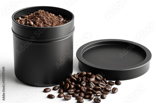 A black container with coffee beans and coffee beans