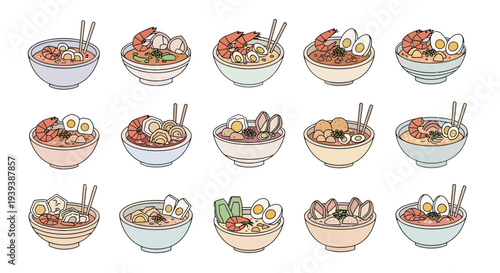 Set of Laksa Noodle Soup Illustrations with Seafood and Eggs in Flat Vector Style