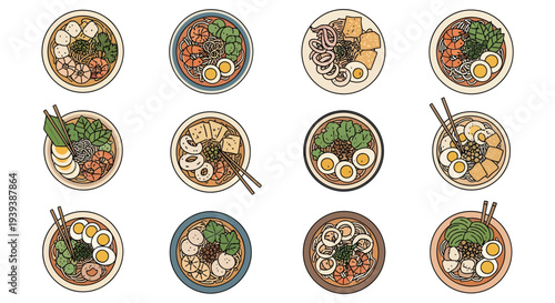 Top view vector illustration set of seafood laksa bowls with shrimp and eggs in flat cartoon style