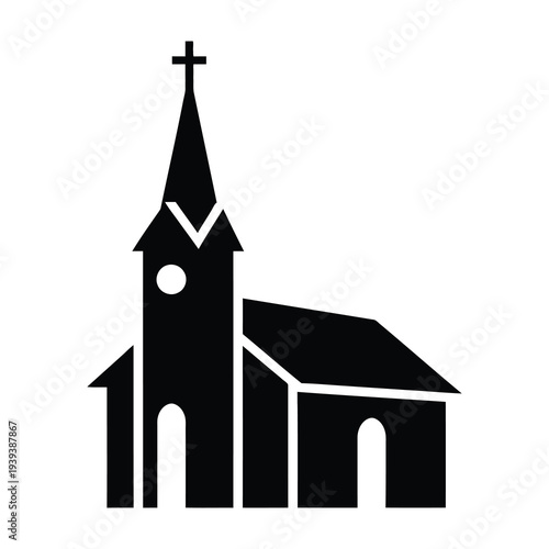 Black and white church silhouette with cross on steeple