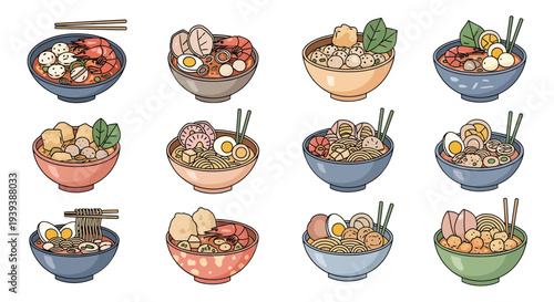 Vector illustration set of seafood laksa bowls with shrimp, fish balls, and noodles in flat cartoon style