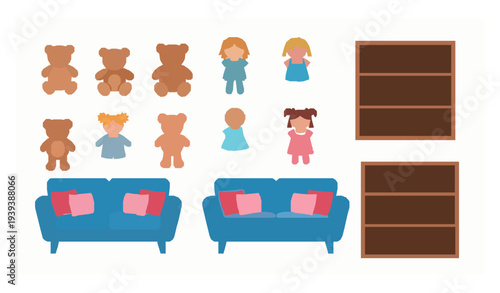 Kids toys and furniture vector set teddy bears rag dolls couch and bookshelf